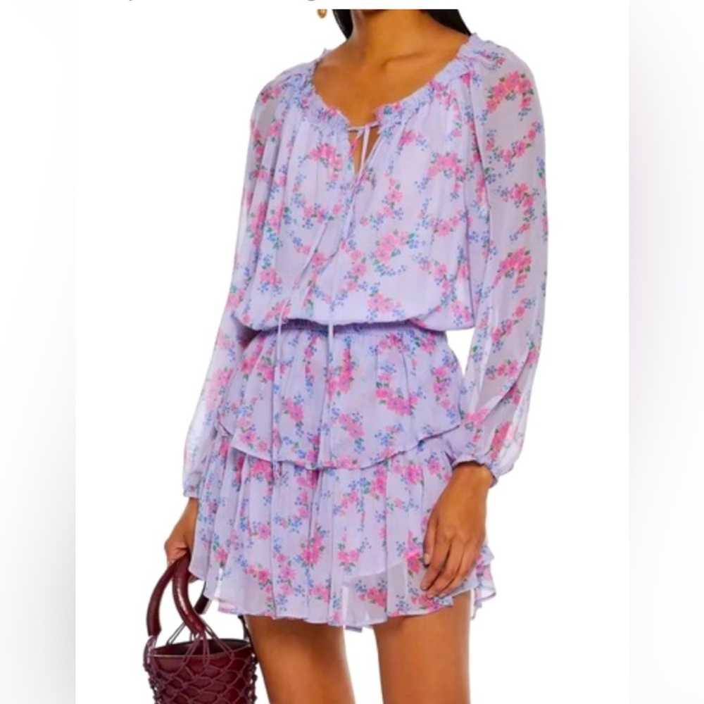 LoveShackFancy popover lavender floral silk mini dress.